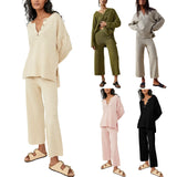 Women's Autumn Knitting V-Neck Long Sleeve Jacket Loose Casual Pants Leg Trousers Two-Piece Set-Outfit