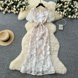 Fongt High-End Elegant Heavy Industry Flower Embroidery Round Collar Lantern Sleeves To Close The Waist Slim Slimmed Fishtail Dress Dress