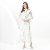 Fongt New French Women's Dress High-End Wood-In-Ear Splicing Single Buckle Lace Embroidery Dress
