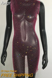 Sale Fishnet Bling Crystal Diamonds Dress Grid Sleeveless O Neck Sexy See Through Women Skinny Mini Dresses Night