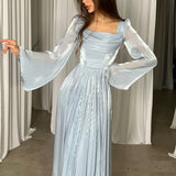 Fongt 2025 New French Vintage Collar Elegant Long-Sleeved Wrinkled Dress