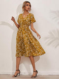 V-neck Short Sleeve A-line Women Midi