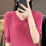 Fongt The Summer Of 2023, Women's Knit Short Sleeve Korean V-Neck Solid Color T-Shirt And A Pit Top-Outfit