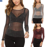 Fongt Women's High Bullet Silver Mesh Hollow-Out Long Sleeve Top Sexy Mesh Perspective Smock