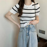 Fongt Striped Short-Sleeved Knitted Shirt 2024 Summer New Design Sense Small Loose Short Top In