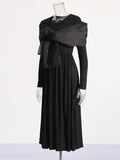 Fongt Temperament Dress Women 2025 Spring New Round Neck Mesh Stitching Design Black Long Sleeve Dress