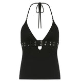 Fongt Sexy Japanese Buckle Deep V-Neck Low-Breasted Waistcoat Locomotive Locomotive Windy Tucked Bottom Blouse
