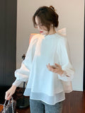 Fongt Lantern Bubble Sleeve Chiffon Shirt 2025 Women's Sweet Bow Shirt Fairy Blouse