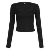 Breathable Solid Color U-Collar Slim And Slim Long-Sleeved Leisure T-Shirt 2024 Fashion New Style-Outfit