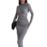 Fongt 2023 New Solid Color Round Collar Pleated Design Slim Wrap Buttock Dress-Outfit