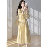 Fongt Yellow Bubble Sleeve Collar Dress Women Spring Lazy Wind Loose Waist Thin Swing A Word Dress