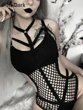 Dark Gothic Fishnet Sexy Bodycon Halter Bodysuits Women Grunge Punk Hollow Out Nightclub Lingerie Patchwork Emo Alt