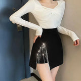 Black Side Split Rhinestone Fringe Mini Skirt-Outfit
