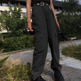 Women Casual Pockets Patchwork Cargo Pants 2021 High Waist Straight Trousers Women