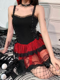 Dark Harajuku Gothic Aesthetic Women Mini Dresses Punk Grunge Mesh Patchwork A-line Dress Sexy Lace Up Bodycon Alt