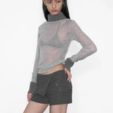 Turtleneck See Through Long Sleeve Top-Outfit