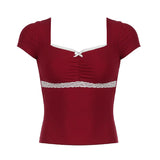 Sweet And Spicy Wind, Bow Tie, Lace, Lace, Short-Sleeved T-Shirt, Summer Square Collar, Slim Blouse-Outfit