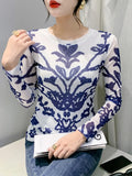 Printing Positioning Flower Long Sleeved Round Neck Slim Fit Top Women Autumn Spring Stretchy Mesh T-shirts FF0875-Outfit