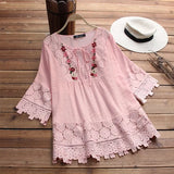 Cotton Linen Stitching Lace Elegant Solid Color V-neck Loose Women's