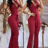 Fongt Women's Wear Elegant V-Neck Button Pocket High Waist Strap Solid Color Slim