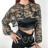 Station 2023 New Ins Network Celebrity Trend Street Dance Perspective Net Gauze Short Camouflage Hoodie Blouse-Outfit
