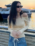 Shirt Long Sleeve Top Off Shoulder Crop Top Chain Hollow Out T-Shirts Yellow Tees Solid Slim Black Streetwear Y2K