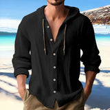Fongt New Fashion Spring And Summer Men's Hooded Shirt Solid Cotton And Cotton Leisure Long-Sleeved Top.