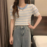 Fongt Ice Silk Striped Knitted Short-Sleeved T-Shirt For Women's 2023 Summer New High-Waisted Loose Bubble Sleeve Short