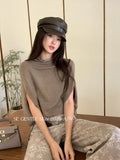 Fongt Xixi 2025 Autumn New White Standard Temperament High-Neck Solid Color Knit Shirt Short-Sleeve Top Lady 25368