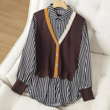 Loose Turn-down Collar Striped Blouse Women's Clothing Fake Two Pieces Spring Autumn Patchwork Single-breasted Shirt-Outfit