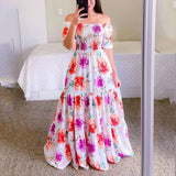 Fongt New Spring And Summer Women's Dress A Word Broken Shoulder Long Printed Fairy