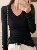 Ribbed V Neck Slim Long Sleeve Knit-Outfit