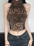 Fongt Cloth Forget Hot Leopard Hair Spliced High-Neck Digging Shoulder Vest Hot Girl Thin Waist High Collar Top