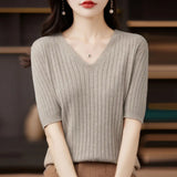 Fongt The Summer Of 2023, Women's Knit Short Sleeve Korean V-Neck Solid Color T-Shirt And A Pit Top-Outfit