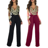 Lace Patchwork Jumpsuit Women Sexy Off Shoulder Slash Neck Long Sleeve Women Jumpsuit Elegant Wide Leg Jumpsuit