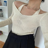 Fongt Two Knitted Shirt Women Spring New Sexy Slimy V Collar Hanging Neck Long Sleeve Bottom
