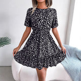 Fongt Wind Shooting New Leisure Wave Point In Spring And Summer To Close The Waist Lotus Leaf Side Of The Dress Women's Clothing