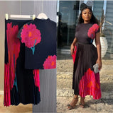 Fongt Fashion Set Women's Summer French High-Grade Folding Print Short-Sleeved Top + Loose A Word 100-Fold Long Skirt