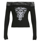 Fongt Dark Personality Print Long-Sleeved T-Shirt With Thin Lace With An Off-The-Shoulder Hottie Top-Outfit