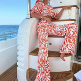 Fongt 993 Spot Women's Wear Autumn 2024 New One-Line Shoulder Short-Sleeved Top Print Pants Suit Two Sets-Outfit