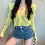 V-neck Solid Cropped Cardigan Women Korean Autumn Long Sleeve Thin Ice Silk Knitted Sweaters Air Conditioner