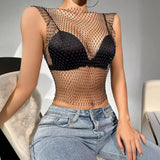 Fongt Nightclub Dresses Fishnet Hollow Out Rhinestone Vest Mesh Flash Diamond Sling Top