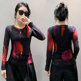 S-3XL New Vague Printing Mesh T-shirt Women's Round Neck Long Sleeve High Stretch Light Fabric Tees Tops-Outfit