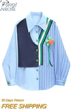 Women's Fake Two Pieces Striped Patchwork Shirt Chic Vintage Blouses Casual Lapel Collar Long Sleeve Loose Blouse