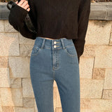 Fongt Double-Button Small Foot Jeans Women's Fall 2024 New Summer Slim Show Thin Nine Minutes Tight Black Pants-Outfit