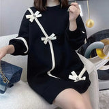 Spliced Solid Color Long Sleeve Dress for Women Spring Autumn Loose Korean Thick Round Neck Mini Dresses Female Clothing-Outfit