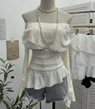 The Ballet Style Shoulder Fold Texture Texture Coat Irregularly Ribbon Horn Sleeve Short Shirt