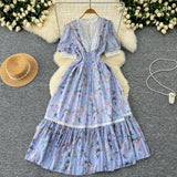 Fongt Dress Women's Summer High-End Feeling V-Neck Lace Splicing Bubble Sleeves To Close The Waist Of The Chopped Snowy Dress