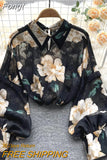 Autumn Vintage Elegant Fashion Printing Single Breasted Blouses for Women Fashion 2023 Long Sleeve Chic Korean Top