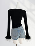 Fongt Thousand Years Royal Sister Wind Black Hot Jacket Early Spring U Collar Slim Thin Feathers Long Sleeve Bottom Shirt-Outfit